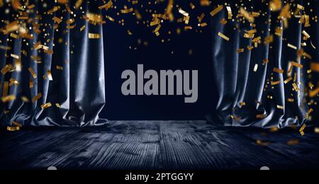 Empty dark blue stage with gold confetti. Horizontal background for christmas, events, gala, concerts, shows and special occasions. Space for decorati Stock Photo