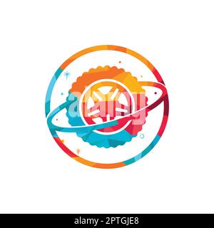 Tire world vector logo template. Vector wheel and planet logo combination. Stock Vector