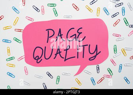 Conceptual display Page Quality, Word Written on Effectiveness of a website in terms of appearance and function Stock Photo