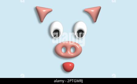 The muzzle of a piglet with a pink patch on a blue background. Cartoon 3d illustration Stock Photo