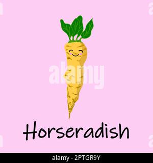 Horseradish root and grated horseradish.Vector illustration of an isolated horseradish with painted texture and a happy smiling face.. Stock Vector