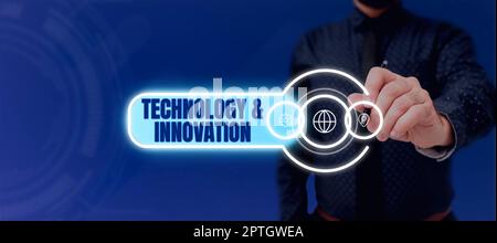 Hand writing sign Technologyandinnovation, Word Written on Application of better Solution for New Market Needs Stock Photo