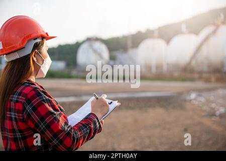 Petroleum Engineers. Happy Asian worker woman in oil chemical industry worker working visual inspection list on clipboard in plant, do Action of worke Stock Photo