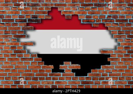 3D Flag of Yemen behind the broken old stone wall background Stock ...