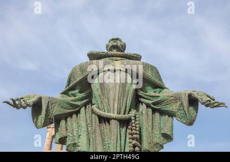 Alcantara, Spain - Oct 6th, 2022: San Pedro de Alcantara statue, Alcantara Caceres, Spain. Jose Navarro Gabaldon sculptor, 1976 Stock Photo