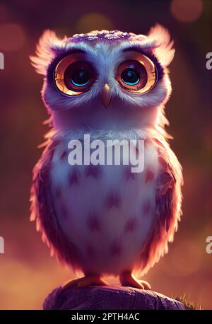 Cute adorable owl. Animation style character, anime style, 3d illustration. Stock Photo