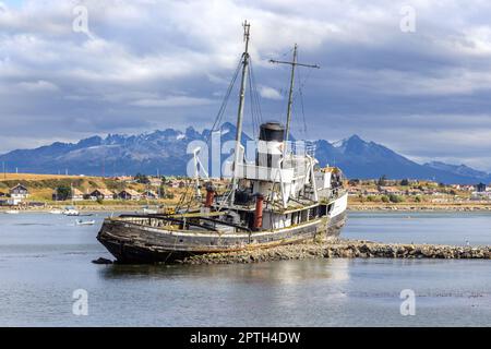 Decommissioned Saint Christopher Old Ship in Ushuaia City Harbour. Shipwrecks Monument Beagle Channel, Tierra Del Fuego Southern Patagonia Argentina Stock Photo