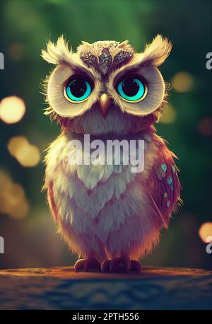 3d illustration of a cute adorable baby owl. Animation style character Stock Photo