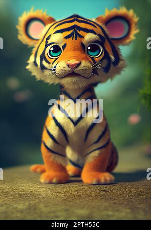 Portrait of a cute baby tiger. Digital art 3D illustration in the style of animation Stock Photo