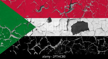 3D Flag of Sudan on an old stone wall background. Stock Photo