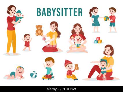 Babysitter or Nanny Services to Care for Provide for Baby Needs and Play with Children on Flat Cartoon Hand Drawn Template Illustration Stock Photo