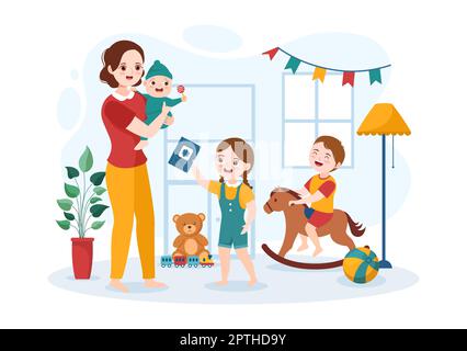 Babysitter or Nanny Services to Care for Provide for Baby Needs and Play with Children on Flat Cartoon Hand Drawn Template Illustration Stock Photo