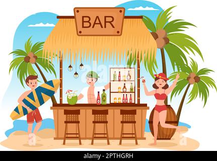 Tropical Cocktail Bar Serving Alcoholic Fruit Juice Drinks or Cocktails by the Sea on Flat Hand Drawn Cartoon Template Illustration Stock Vector