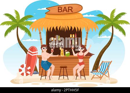 Tropical Cocktail Bar Serving Alcoholic Fruit Juice Drinks or Cocktails by the Sea on Flat Hand Drawn Cartoon Template Illustration Stock Vector
