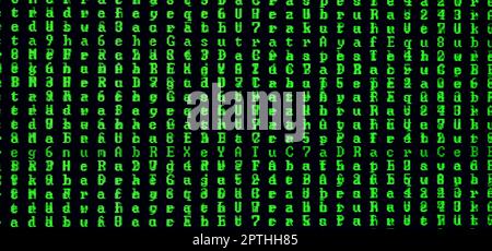 Macro shot of a glitch on the monitor of an office computer. The concept of introducing a virus into a personal data keeper. Stream of random green sy Stock Photo