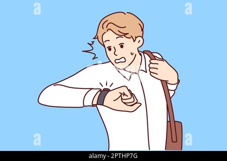 Stressed man look at wristwatch being late for work. Unhappy guy check time worry about missed deadline. Time management. Vector illustration. Stock Photo