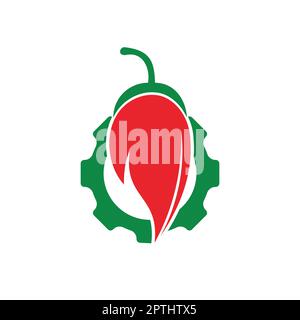Chili hot and spicy food vector logo design inspiration. Chili pepper with gear icon vector logo template. Stock Vector