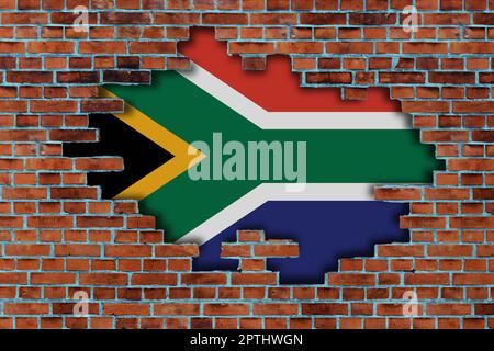 3D Flag of South Africa behind the broken old stone wall background. Stock Photo