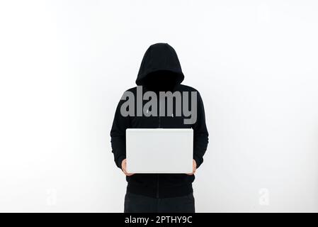 Man Standing With Laptop Presenting Cyber Security. Stock Photo