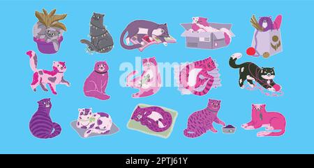 Cute cats funny kittens sleep play sit catch mouse kitty in various pose Stock Vector