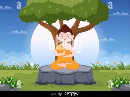 Happy Makha Bucha Day Template Hand Drawn Cartoon Flat Illustration Buddha Sitting in Lotus Flower under Bodhi Tree at Night Surrounded by Monk Stock Vector