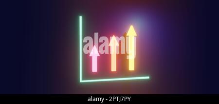 3D rendering, 3D illustration, fluorescent arrows on navy background, concept of increase or rise or growth, neon sign, business Stock Photo
