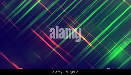 Abstract with beautiful diagonal geometric red-green flying luminous stripes lines of meteorites on a black background. Stock Photo