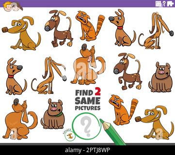 find two same comic dog characters educational game Stock Vector