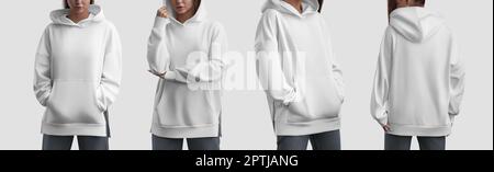 Long white hoodie mockup on girl, front, back view, fashionable apparel for design, brand, pattern. Product photography set for commerce. Streetwear t Stock Photo