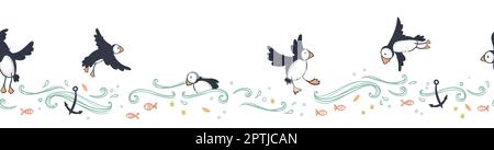 Cute hand drawn puffin seamless pattern, lovely doodle birds background, great for textiles, banners, wallpapers - vector design Stock Vector