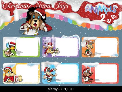 Set of Christmas Name Tags with Cute Animals in Santa Claus Costume Stock Vector