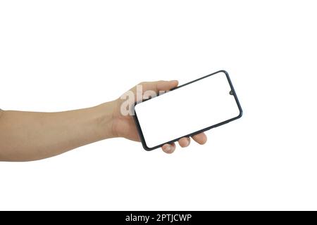 Hand holding mobile smartphone with blank white screen isolated on white background include clipping path. Stock Photo
