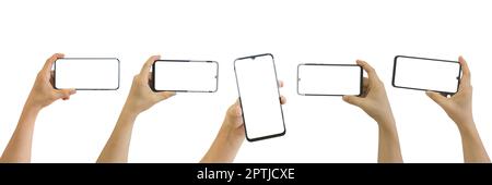 Collection of male hands holding mobile smartphone with blank white screen isolated on white background include clipping path. Stock Photo