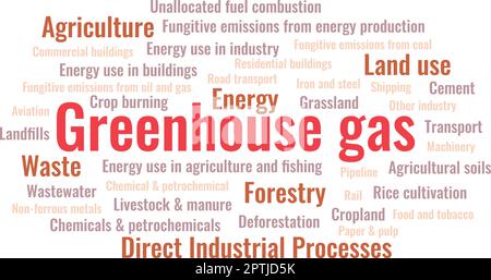 Greenhouse gas concept. Greenhouse gas word cloud. Global greenhouse gas emissions by sector. CO2 and GHG emissions caused climate change and need to reduce. GHG Emissions come from many sectors. Stock Vector