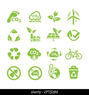 Zero emissions, carbon footprint vector icon set Stock Vector
