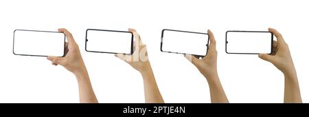 Set of man hands holding smartphone with blank screen, isolated on white background included clipping path. Stock Photo