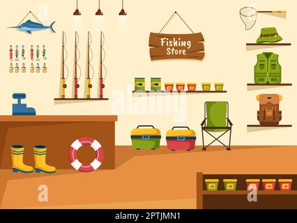 Fishing Shop Selling Various Fishery Equipment, Bait, Fish Catching Accessories or Items on Flat Cartoon Hand Drawn Templates Illustration Stock Vector