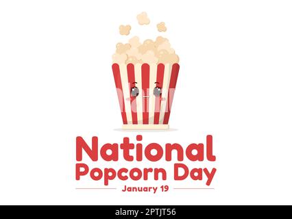 National Popcorn Day on January 19th with a Big Box of Red and White Stripe in Flat Cartoon Background Hand Drawn Templates Illustration Stock Photo