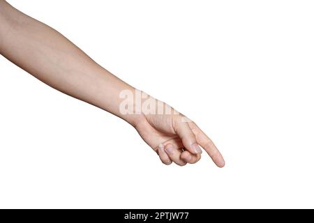 Man hand touching or pointing to something isolated on white background included clipping path. Stock Photo