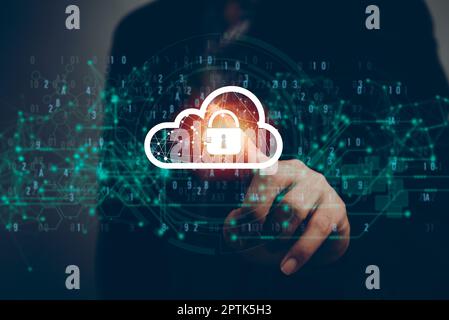 Cloud computing diagram technology. Data storage. Networking and internet service concept.Businessman touching cloud icon virtual. Stock Photo
