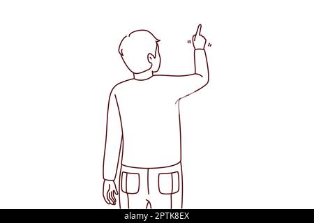 Back view of man pointing at wall with finger. Guy showing with finger on blank space. Vector illustration. Stock Photo