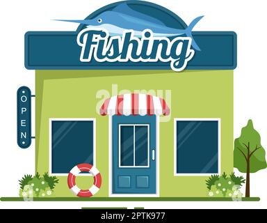 Fishing Shop Selling Various Fishery Equipment, Bait, Fish Catching Accessories or Items on Flat Cartoon Hand Drawn Templates Illustration Stock Vector