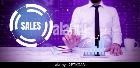 Text caption presenting Sales, Business idea exchange of commodity for money Action of selling something Service Stock Photo