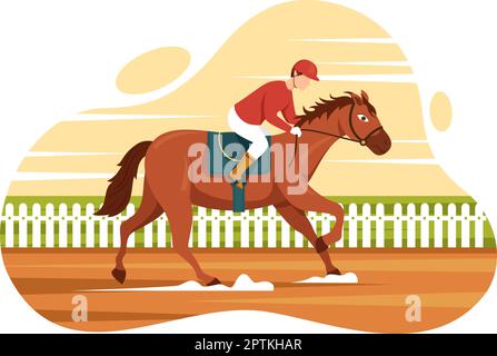 Horse Racing Competition in a Racecourse with Equestrian Performance Sport and Rider or Jockeys on Flat Cartoon Hand Drawn Templates Illustration Stock Vector