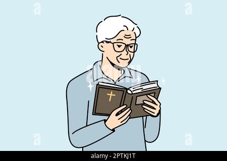 Elderly man looks into Holy Scripture, reads Bible. Stock Vector