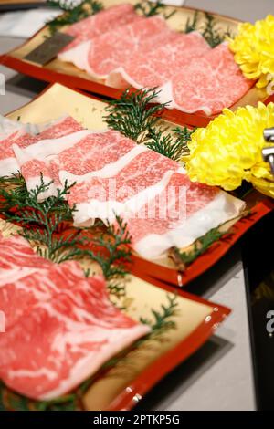 April 26, 2023, Tokyo, Japan: Kobe Beef is seen at the restaurant at the new mix-use complex Haneda Airport Garden, located in front of Haneda Airport Int. Terminal 3. The Haneda Airport Garden complex has finally opened after a three-year delay caused by the pandemic. The complex includes a 1,717-room airport hotel with a natural hot spring spa, MICE-ready event space and meeting rooms that aim to strengthen Haneda Airport's position as a 24-hour international hub airport. Additionally, the complex has around 80 commercial establishments that offer a variety of retail shops, eateries, and a f Stock Photo