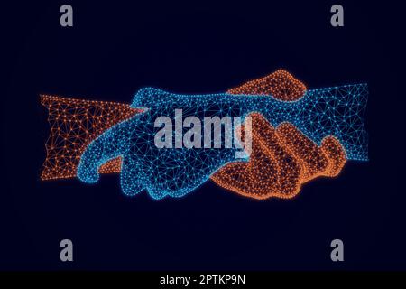 Low poly of Business handshake with of points, and lines, effect particles wire-frame glowing on dark background. Partnership and business trust conce Stock Photo