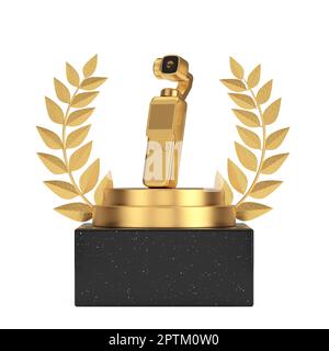 Winner Award Cube Gold Laurel Wreath Podium, Stage or Pedestal with Golden Pocket Handheld Gimbal Action Camera on a white background. 3d Rendering Stock Photo