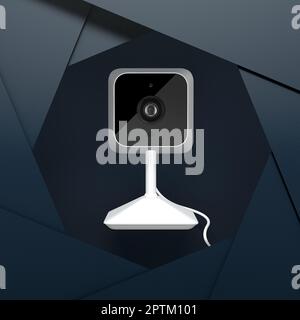 Opened Camera Lens Diaphragm Aperture Blades with White Modern Security Web Camera on a black background. 3d Rendering Stock Photo