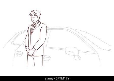 Car driver in suit standing near car waiting for client. Chauffeur in formalwear working in luxury automobile company. Good quality service. Vector il Stock Photo